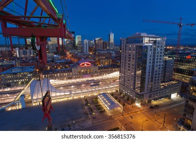 DENVER, USA - August 11, 2015 - Denver's newly remodeled Union Station view from a construction crane. It's a transit station for train and bus and hosts an array of shops, food, drink and a hotel. 