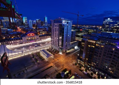 DENVER, USA - August 11, 2015 - Denver's newly remodeled Union Station view from a construction crane. It's a transit station for train and bus and hosts an array of shops, food, drink and a hotel. 