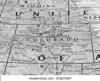 DENVER, USA - CIRCA MAY 2016: Map of the state of Colorado with selective focus on state name in black and white