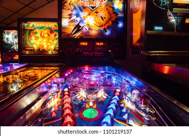 Denver, USA -  September 12, 2017:  Detail Of A Pinball Arcade Game Tomcat In A Dark Gaming Bar On A Reed St, Denver