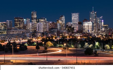DENVER,CO - OCTOBER 7: Denver night skyline from across the South Platte River