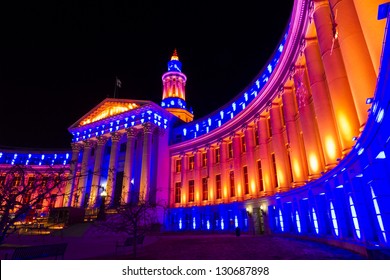 Denver's City And County Building Decorated For The Denver Broncos Game.