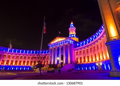 Denver's City And County Building Decorated For The Denver Broncos Game.