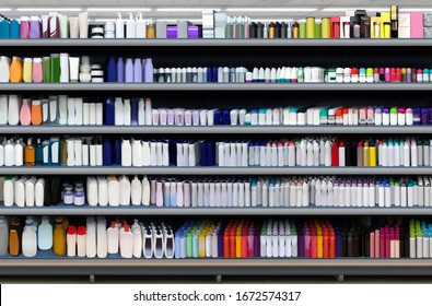 Deodorant, Shampoo, Disinfection Kit, Skincare And Cosmetic Bottles On Shelf In Supermarket. Suitable For Presenting New Products And New Designs Of Labels Among Many Others. 