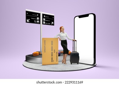 At departure zone at airport. Young business woman standing near to 3d model of cellphone with blank white screen isolated on lilac background. Online shopping, payment, new app for business trip - Shutterstock ID 2229311169