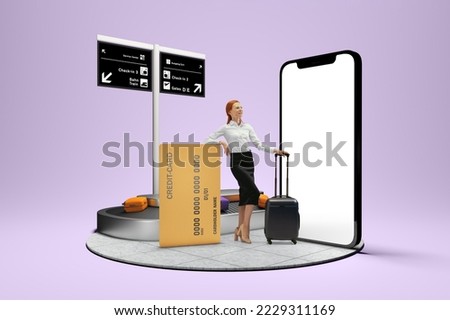 At departure zone at airport. Young business woman standing near to 3d model of cellphone with blank white screen isolated on lilac background. Online shopping, payment, new app for business trip