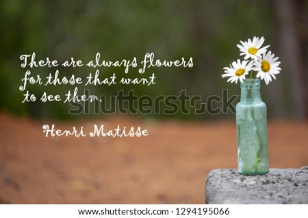 It depicts a  Henri Matisse quote, 'There are always flowers for those  that want to see them' . The quote is set against a brokeh background with a vase of daisies in an old green bottle.