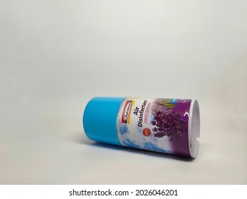 Depok, Indonesia - August 15th 2021 : Disinfectant Spray Can Bottle On An Isolated White Paper Background.