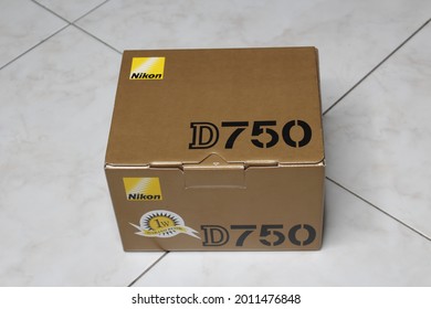 Depok,Indonesia 16 July, 2021: A Nikon D750 Camera Box, Original Package, On A White Ceramic Floor