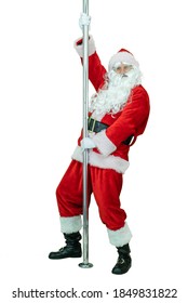 Depraved Santa is pole dancer, dancing with pylon. Lustful Santa Claus dances with pole on white background. Christmas coming