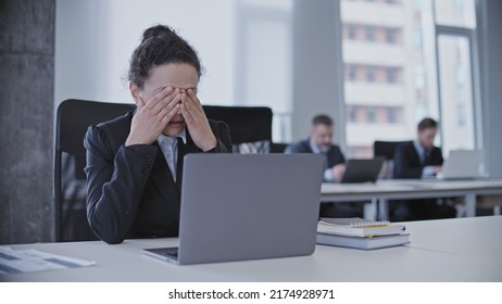 Depressed Business Woman Crying In Office, Suffering Burnout At Work, Stress