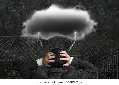 Depressed Businessman With Dark Cloud Rain Lightning Over His Head, Doodles Wall Background