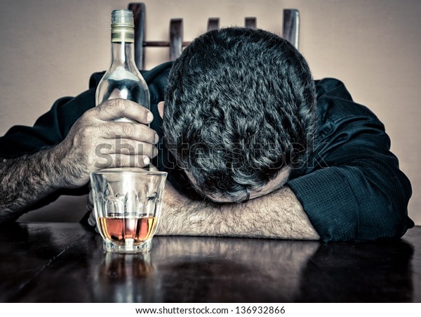 Depressed Drunk Man Glass Bottle Sleeping Stock Photo (Edit Now) 136932866