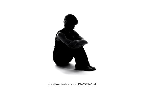 Depressed Female Silhouette Sitting Floor, Hopelessness Problem, Frustration