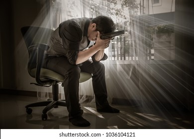 Depressed Man, Businessman his sad. Suicidal man about to commit a suicide. Unemployment and business failure concept.
