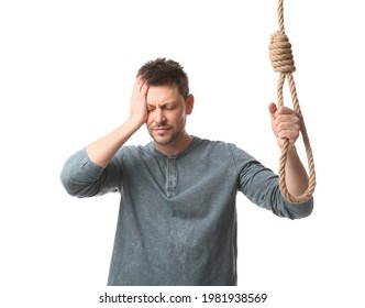 Depressed man with rope noose on white background