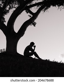 Depressed Man Sitting Under Tree Stock Photo (Edit Now) 204678688