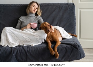 Depressed middle aged woman avoid social contacts stay lonely at home with dog after friend betrayal, lover breakup, divorce with husband or family member death. Tired widow drinking tea petting pet