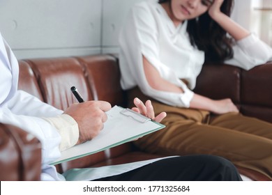 Depressed Patient Having Consultation With Psychiatrist Doctor, Woman Getting Upset, Feeling Stressed And Sad, Need Help From Psychologist, Mental Health Concept