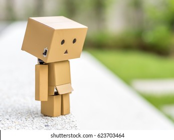 Depressed Sad Mood Action Of Cute Box Doll Standing At Outdoor Park With Natural Light, Selective Focus At Its Eye