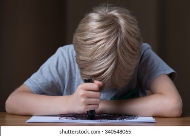 Depressed Sad Schoolboy Drawing Only Black Crayon