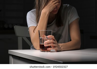 Depressed Sad Young Addicted Woman Feeling Bad Drinking Whiskey Alone At Home, Stressed Frustrated Lonely Female Drinker Alcoholic Suffer From Alcohol Addiction Having Problem, Alcoholism Concept