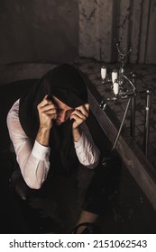 Depressed Scared Man Mental Health In Bathtub In Bathroom At Home. Crazy Person Showing Human Emotions. Concept Apathy, Anxiety, Illness, Trouble, Creative Decline, Or Bankruptcy