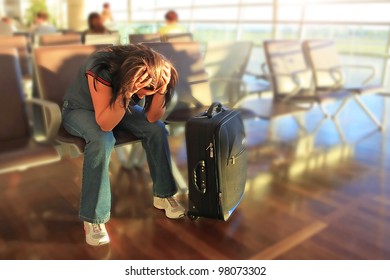 Depressed Woman Awaiting For Plane With Delay