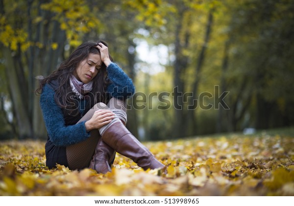 Depressed Young Woman Sitting Park Full Stock Photo 513998965 ...