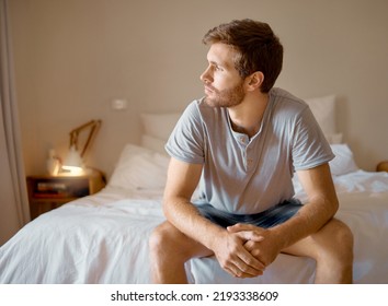 Depression, anxiety, mental health, burnout sad man, thinking and depressed insomnia night. Anxious man stressed, sitting in the bedroom thinking of memories and ideas about the future
