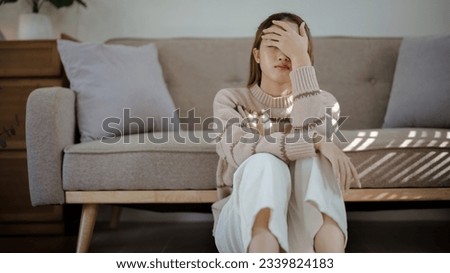 Depression asian woman Sad pensive mental health concept. Self isolation