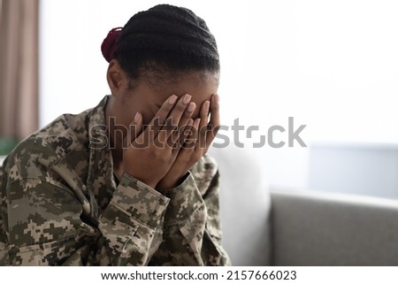 Depression Concept. Close Up Shot Of Upset African American Soldier Lady Covering Face With Hands, Depressed Black Woman Wearing Camouflage Uniform Suffering PTSD After Military Service, Copy Space