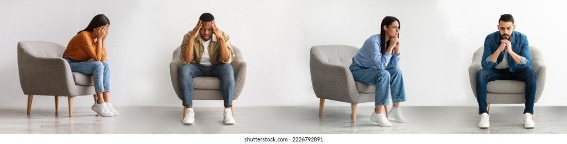 Depression Concept. Set Of Sad Pensive Multiethnic People Sitting In Armchair At Home, Different Men And Women Feeling Stressed And Upset, Suffering Life Problems Or Mental Health Issues, Collage - Powered by Shutterstock