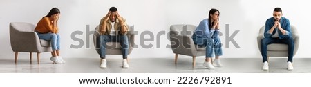 Depression Concept. Set Of Sad Pensive Multiethnic People Sitting In Armchair At Home, Different Men And Women Feeling Stressed And Upset, Suffering Life Problems Or Mental Health Issues, Collage