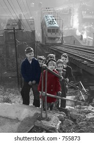 Depression Era Schoolchildren And Electric Streetcar In Cincinnati, Ohio