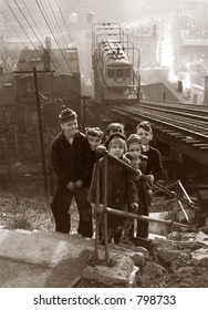 Depression Era Schoolchildren And Electric Streetcar In Cincinnati, Ohio (sepia Tone)