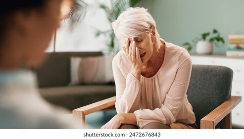 Depression, psychology or old woman crying with psychologist in consultation office for mind, evaluation or assessment. Help, stress or sad patient with counseling therapist, help or divorce support - Powered by Shutterstock