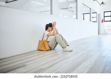 Depression, Sad And Anxiety Student Woman On Floor Crying For Exam Results, Education Fail Or University Debt Mock Up. Depressed, Burnout Or Frustrated College Girl With Mental Health Problem Mockup