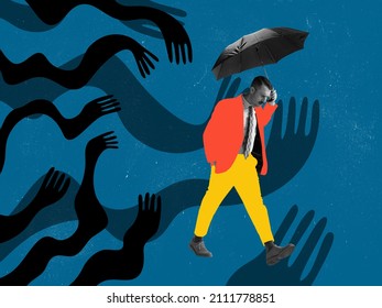 Depression, Sad. Upset Stylish Man Walking Under Umbrella Through Giant Drawn Black Creeping Arms. Contemporary Art Collage. Concept Of Manipulation, Pressure. Inner World, Psychology, Diversity.