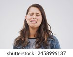 Depression, stress and woman crying in studio with fear, mistake or mental health crisis on white background. Anxiety, broken heart or sad model frustrated by conflict trauma, disaster for self doubt