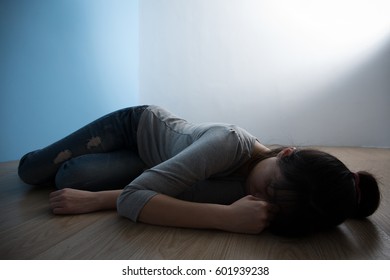 Depression Woman Lying On Floor Stock Photo (Edit Now) 590111597