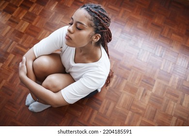 Depression Woman, Mental Health And Anxiety With Stress About Life Fail, Crisis And Trauma. Above Sad, Tired And Lonely Young Person With Emotional Problem, Panic Attack And Thinking Of Calm