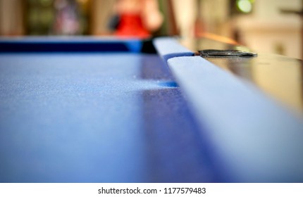 Depth Of Field Of Snooker Table In The Bar And Hole. Empty Snooker Table And Side View With Hole. Empty Billiard Table With Blue Cloth.