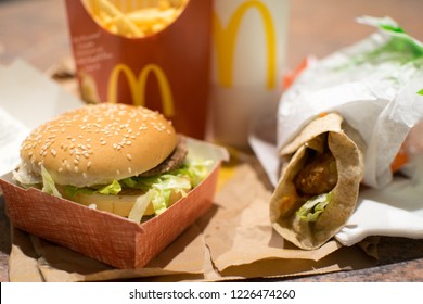 Depth Of Field View Of A Large Big Mac Meal And A Peri Peri Chicken Wrap From McDonald's On A Counter. Editorial. Taken On Thursday‎, ‎13‎ ‎January‎ In Brisbane, Australia.