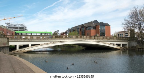 Derby City Centre, England, UK 05/05/2016 Single Span Concrete Arched Bridge Crossing A River