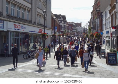DERBY, ENGLAND - SEPTEMBER 13, 2019: People walking at St Peters Street in Derby, England