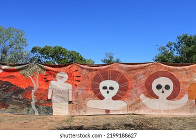 DERBY - JULY 25 2022:Indigenous Australian Art Wandjina Style.The Wandjina Are Cloud And Rain Spirits From The Mythology  Of Australian Aboriginal Tribes From The Kimberley Region Of Western Australia