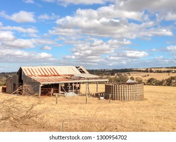 A Derelict Australian Farm House And Sheds In A Dry Paddock Near Mount Barker Western Australia