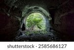 Derelict Crown Street Railway Tunnels and Depot in Liverpool. Abandoned Edge Hill Cutting and Station on the Manchester Line. Light and tree at the end of the tunnel.