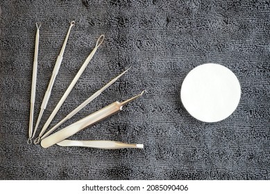 Dermatology And Cosmetology Concept. Set Of Tools. Blackhead Remover, Pimple Extractor, Acne Removal. En Gray Background